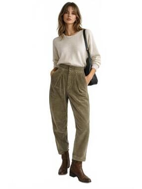 Vintage 80s Cherokee High Waist Corduroy Cotton Pant Olive Green Pleated Tapered